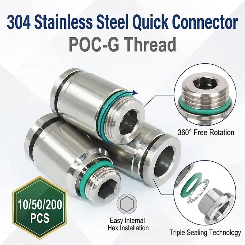 304 Stainless Steel Pneumatic Push-In Fitting POC-G, Internal Hex Quick Connector for Air and Gas Pipe Systems