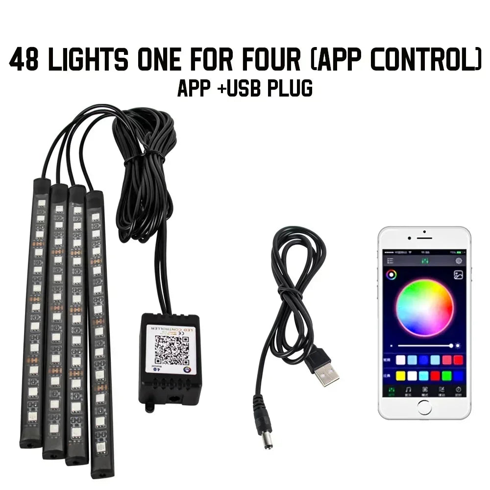 Car RGB LED Strip Light Automotive Interior Foot 36/48 LED APP/Remote/Voice Control Atmosphere Decorative Lamp Ambient Amagi