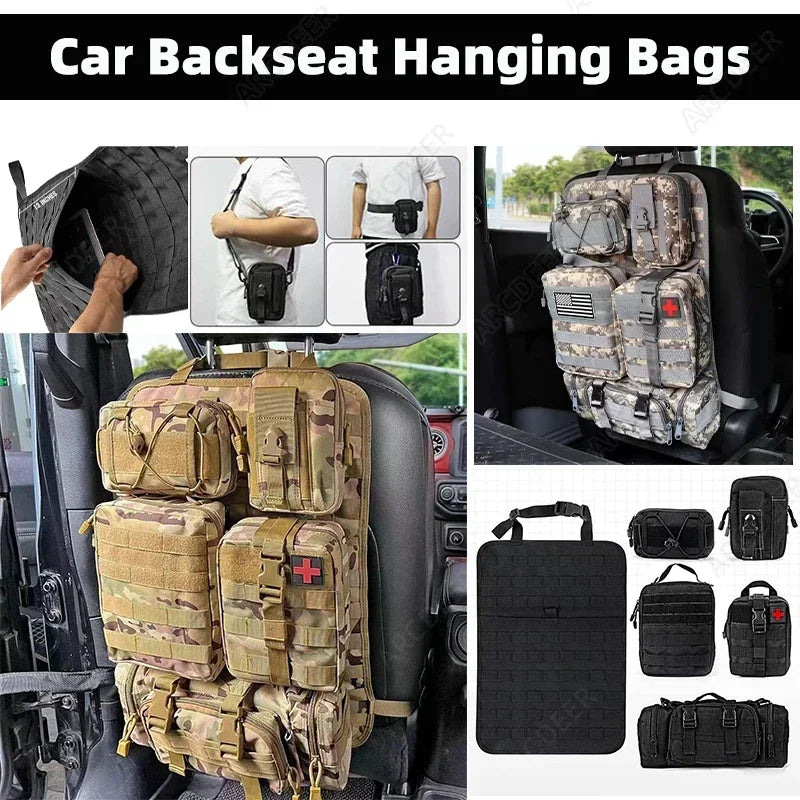 6pcs/set Universal Car Backrest Wall Hang Seat Back Storage Bag Organize Molle Panel with 5 Detachable Pouch,Outdoor Campe Hike