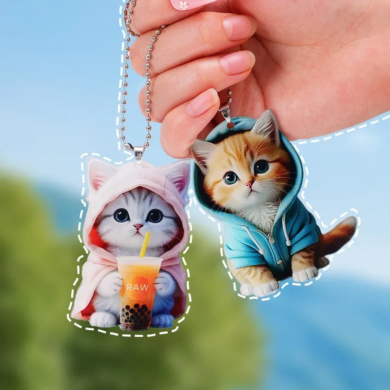 Acrylic Cat Pendant Key Chain 2D Flat Kitten Hanging Keychain Lifelike Kitten Bag Pendent Cartoon Animal Keyring Accessories