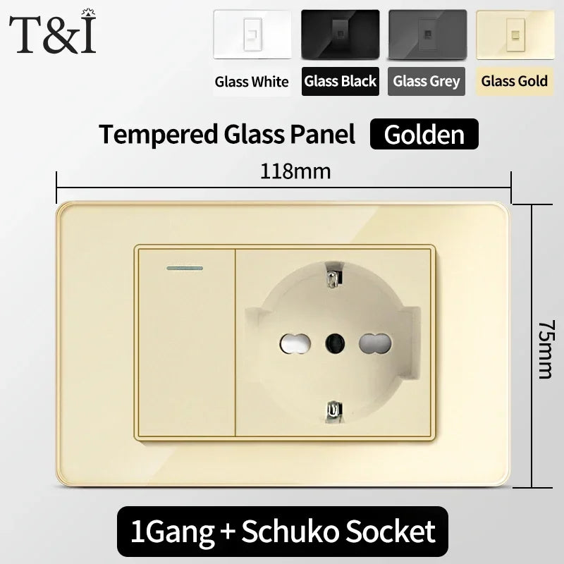 118-Style EU/CL Dual Socket with USB-C PD 20W - Tempered Glass Italy & Chile Outlet for Home/Office