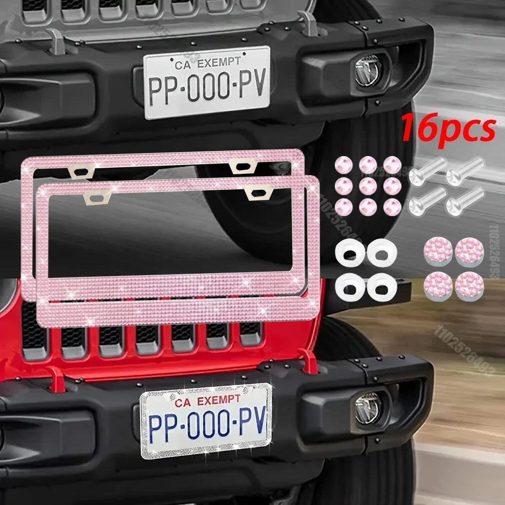 Bling Crystal License Plate Frame Luxury Car Frame Plate with Button Diamond Car License Plate Frame Cover for Women-2 Pack