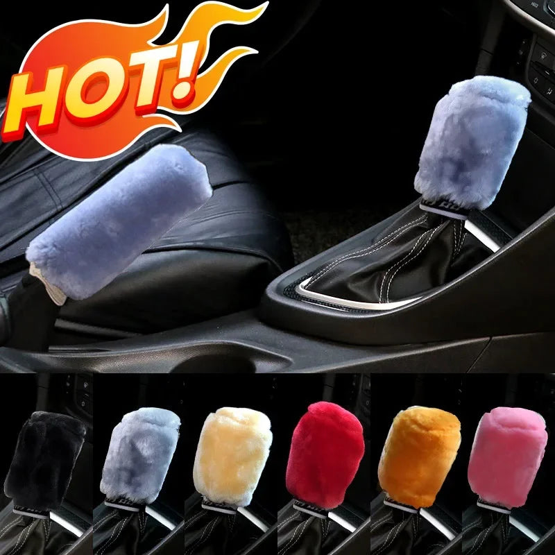 2Pcs Car Handbrake Grip Covers Gear Shift Knob Cover Handle Plush Sleeve Winter Soft Warm Hand Brake Interior Gear Shift Collars