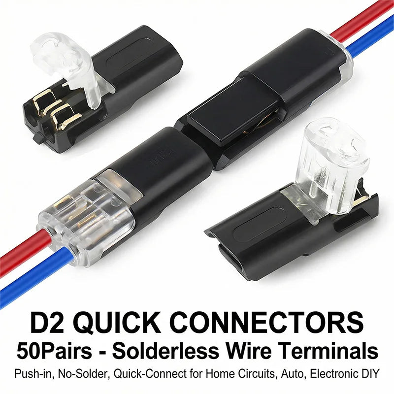 50 Pairs 2 Pin Solderless LED Wire Connector, Insulation Piercing Strip-Free Quick Plug Terminal for LED Light Cable Connection
