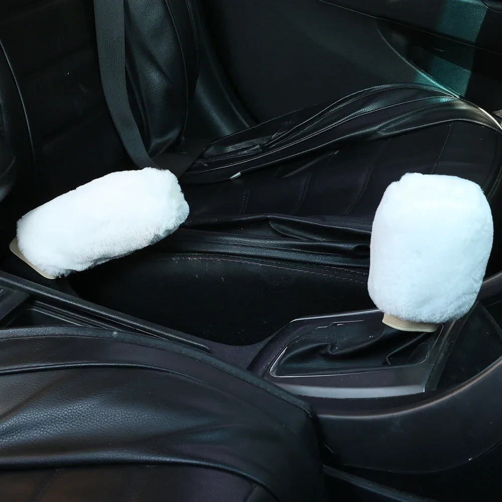 2Pcs Car Handbrake Grip Covers Gear Shift Knob Cover Handle Plush Sleeve Winter Soft Warm Hand Brake Interior Gear Shift Collars
