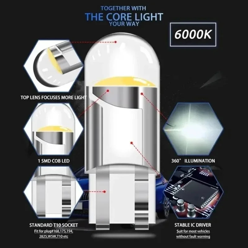 10/5pcs W5W Led T10 Car Light COB Glass 6000K White Auto Automobiles License Plate Lamp Dome Read DRL Bulb Style 12V Universal