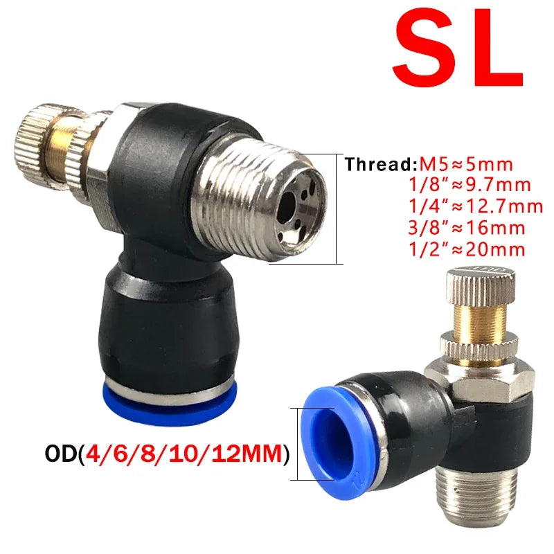 5PCS SL Throttle Valve - 4-12mm Fast Connector for M5 & 1/8-1/2" Air Speed Control, Speed Regulating Valve Pneumatic Fittings