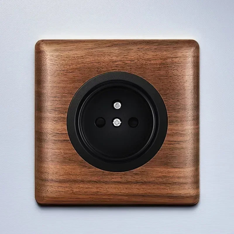 86x86mm Solid Wood Embedded Power Outlet - Childproof EU/RU/FR Socket, Fireproof Vintage Panel for Industrial & Villa Use