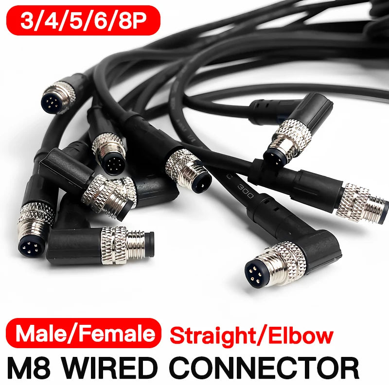 2m M8 Sensor Connector Cable, Straight & Right Angle Options, Male/Female, 3/4/5/6/8 Pin, Waterproof Molded Plug for Industry