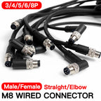 2m M8 Sensor Connector Cable, Straight & Right Angle Options, Male/Female, 3/4/5/6/8 Pin, Waterproof Molded Plug for Industry