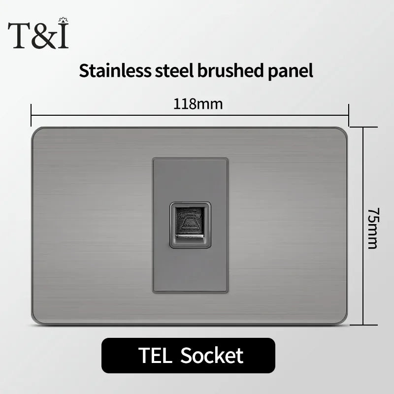 Stainless Steel Wall Socket 118x75mm Italian-Style with USB-C & Schuko Chilean Plug - Brushed Finish for Home/Office