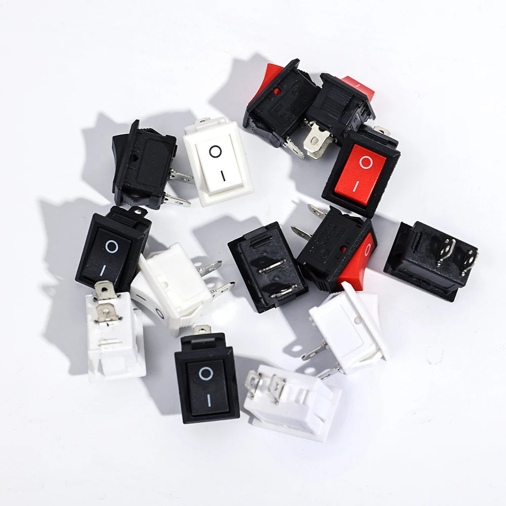 Mini Rocker Switch SPST Black and Red Snap in Switches Button AC 250V 3A / 125V 6A 2 Pin I/O 21*15mm on-off Switch Rocker
