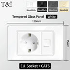 118x75mm Type-C Fast Charging Wall Socket Italy & Chile Schuko Outlet - Tempered Glass Panel Modern Design -Type Switch