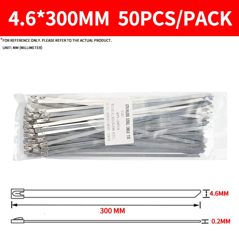 50PCS 304 Stainless Steel Zip Ties, Heavy-Duty Self-Locking Metal Cable Ties 4.6mm,Anti-Rust & Heat Resistant for Marine,Outdoor