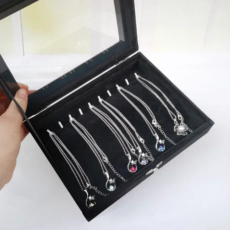 Black Jewelry Box Display Case for Rings Bracelets Earrings Necklaces with Lid Dustproof Glass Grid Storage Organizer Amagi