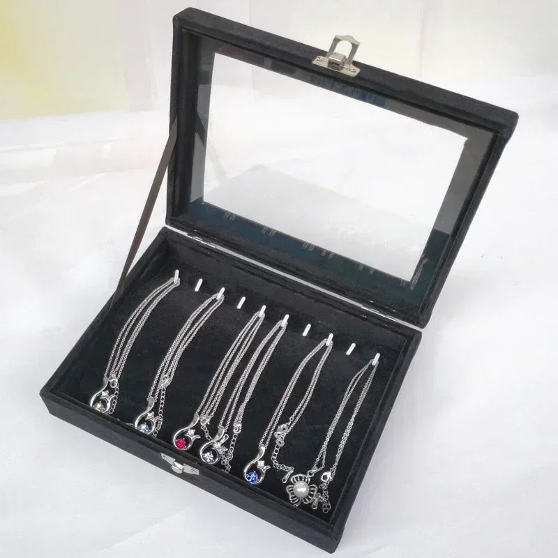 Black Jewelry Box Display Case for Rings Bracelets Earrings Necklaces with Lid Dustproof Glass Grid Storage Organizer Amagi