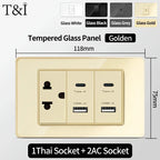 118 Series Glass Panel Wall Switch Socket, US Mexico Standard, USB and Type-C Charging Ports, 1/2/3/4 Gang Options