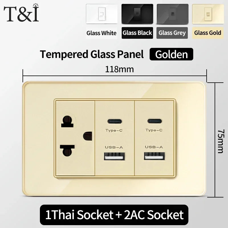 118 Series Glass Panel Wall Switch Socket, US Mexico Standard, USB and Type-C Charging Ports, 1/2/3/4 Gang Options