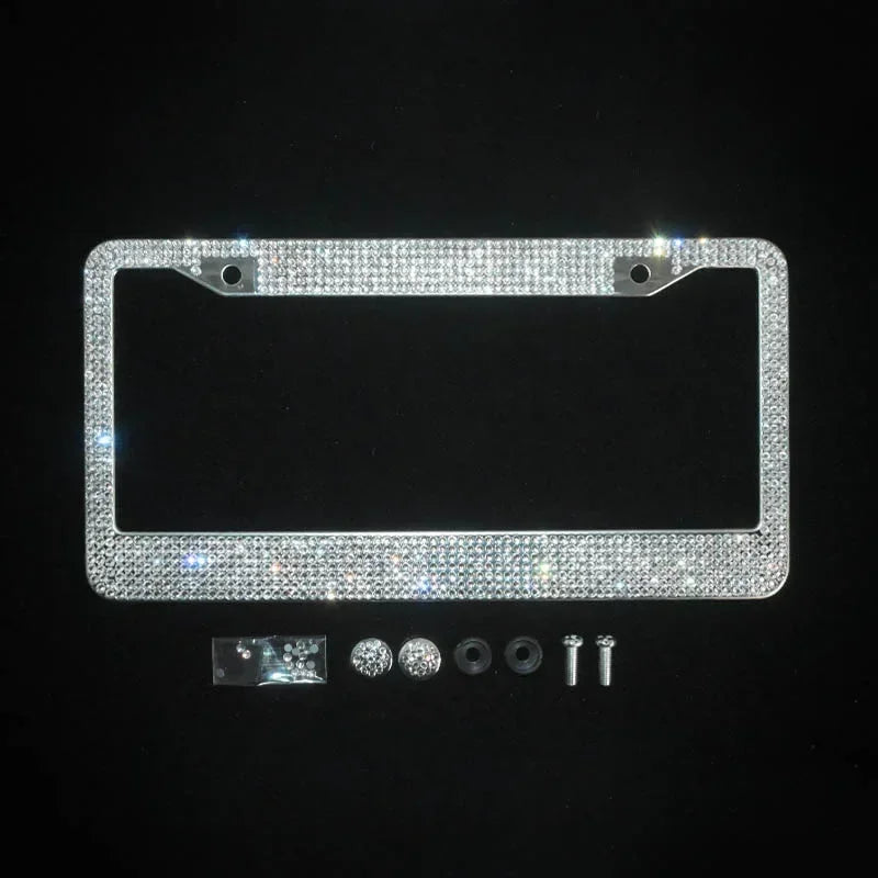 Bling Crystal License Plate Frame Luxury Car Frame Plate with Button Diamond Car License Plate Frame Cover for Women-2 Pack