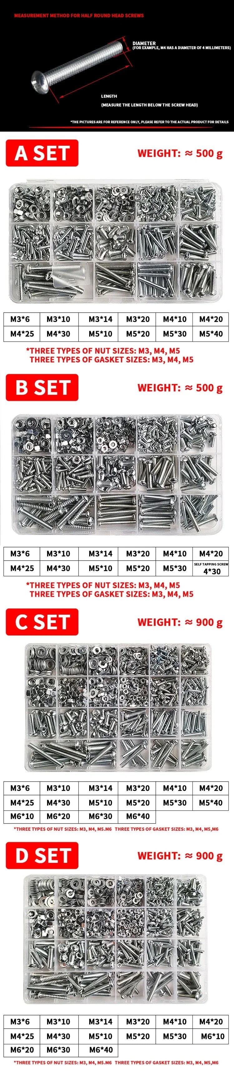 M3-M6 Phillips Pan Head Self-Tapping Screw Assortment Kit with Nuts & Washers - Stainless Steel Fastener Set for DIY/Machinery