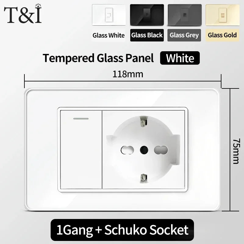 118x75mm Type-C Fast Charging Wall Socket Italy & Chile Schuko Outlet - Tempered Glass Panel Modern Design -Type Switch