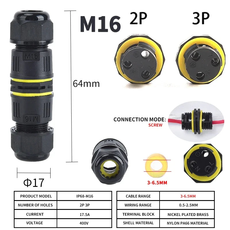 IP68 Outdoor Waterproof Junction Box Electrical Cable Connector, Easy to Install,M16 M20 M25 for Ø3.5-14mm Wire Range 2 Way
