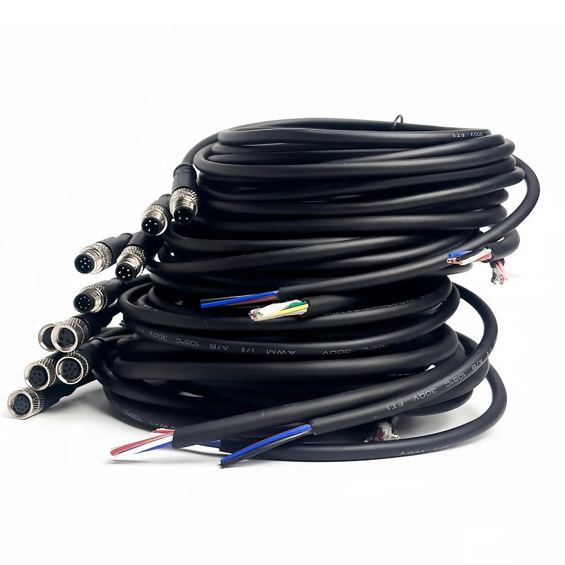 2m M8 Sensor Connector Cable, Straight & Right Angle Options, Male/Female, 3/4/5/6/8 Pin, Waterproof Molded Plug for Industry