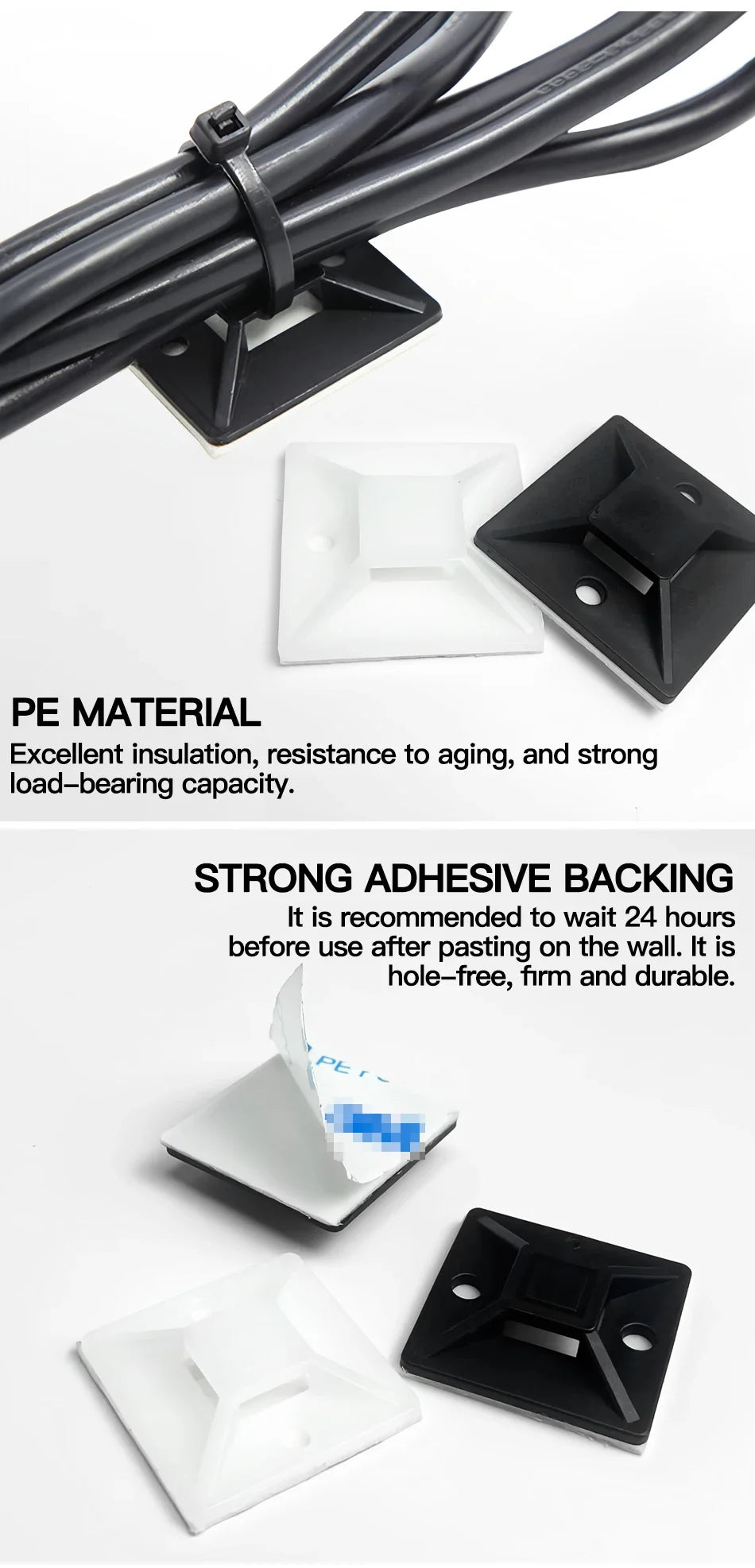 250/500/1000PCS Self-Adhesive Cable Tie Mounts, Strong Sticky Base Wire Holder Clips for Wall Fixing, Cable Routing Management