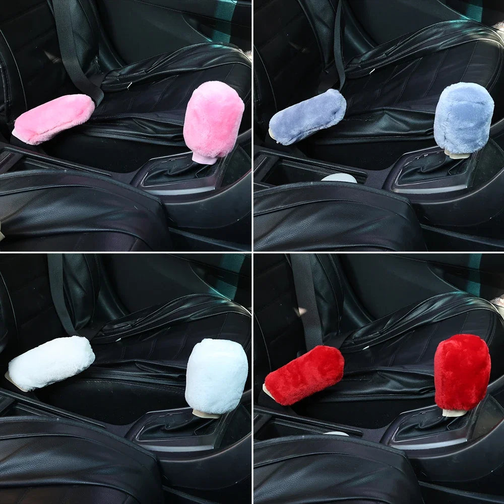 2Pcs Car Handbrake Grip Covers Gear Shift Knob Cover Handle Plush Sleeve Winter Soft Warm Hand Brake Interior Gear Shift Collars