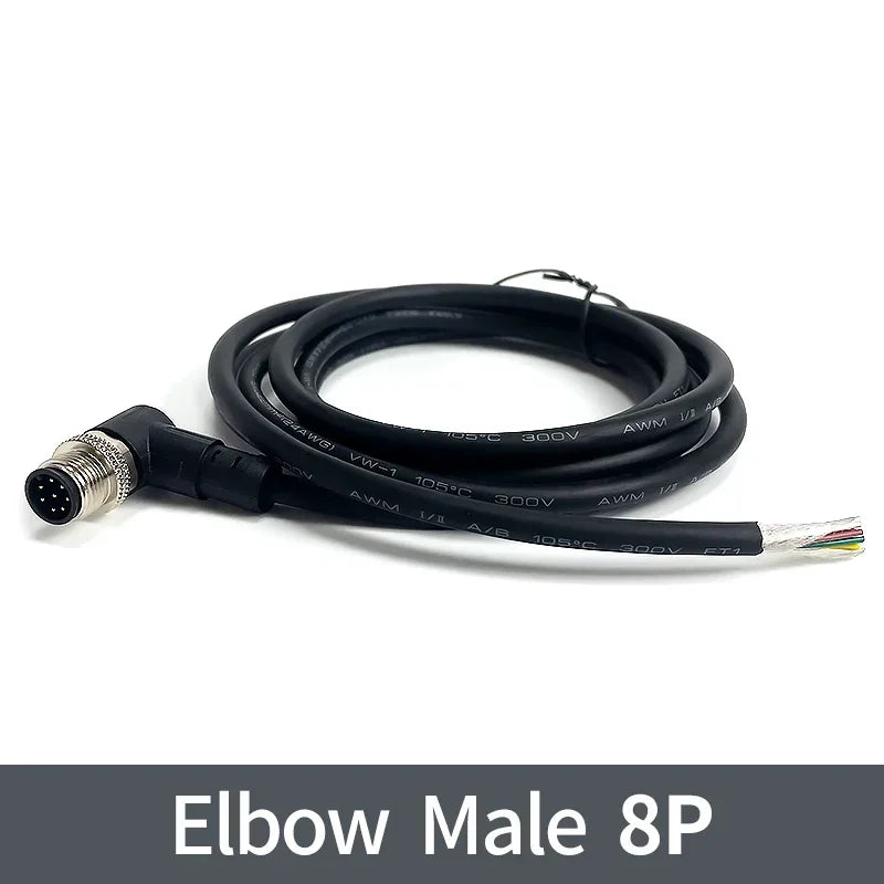 2m M12 Waterproof Sensor Cable, Male & Female Connector, 4/5/8/12 Pin, Integrated Injection Molded for Industrial Automation