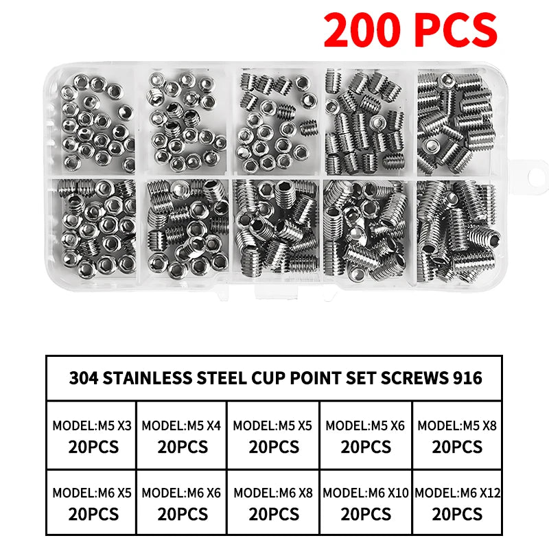 304 Stainless Steel Grub Screws Assortment Kit, Hex Socket Cup Point Set Screws with Allen Key,M3–M10 DIN916 Precision Fasteners