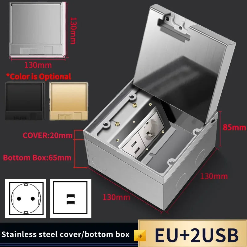 Hidden Floor Socket with USB Charging Ports, 304 Stainless Steel Underground Power Outlet, EU FR BR IL IT Standard, 130×130mm