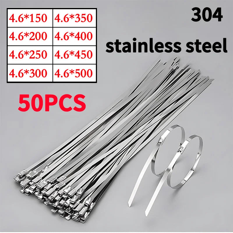 50PCS 304 Stainless Steel Zip Ties, Heavy-Duty Self-Locking Metal Cable Ties 4.6mm,Anti-Rust & Heat Resistant for Marine,Outdoor
