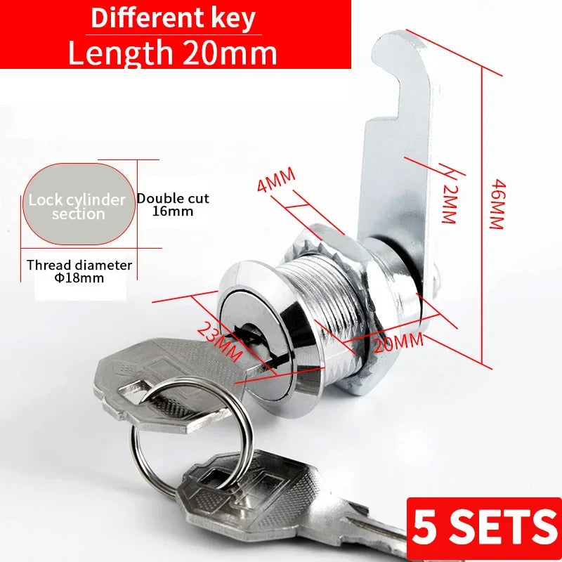 Cabinet Cam Lock Set, 5 Pack Two-Sided Keyed Alike 16MM-30MM Cylinder Cam Locks Secure Mailbox File Drawer Compartment Lock
