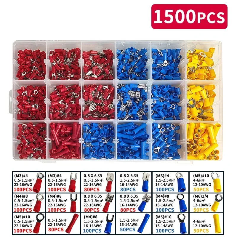 280/480/720/1200pcs Cold Pressed Terminal Kit - Insulated Quick Connect Spade/Ring/Fork Crimp Connectors for Automotive Wiring