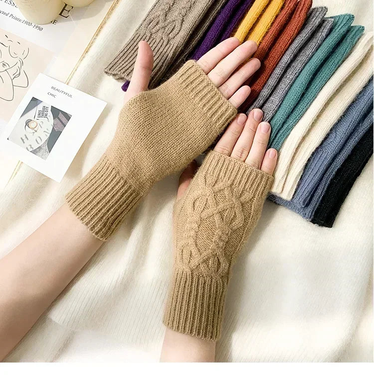 Winter Half Finger Gloves Knitted Fingerless Mittens Warm Cuff With Thumb Hole Stretchy Short Hand Warmer For Men Women Amagi