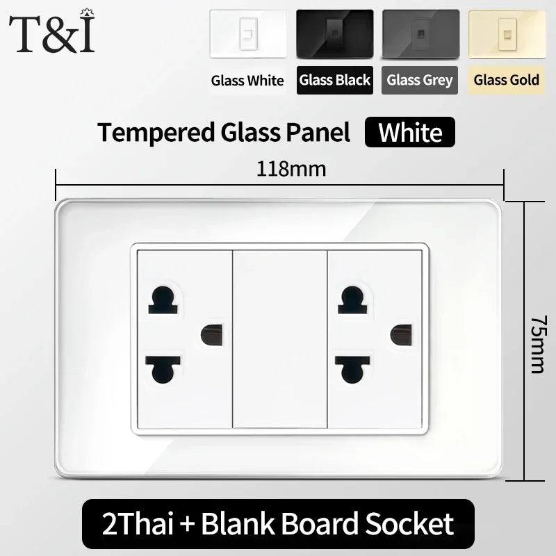 118x75mm Tempered Glass US-Thai Socket: Dual USB-C Ports & 2 AC Outlets for 110V, Scratch-Resistant Panel
