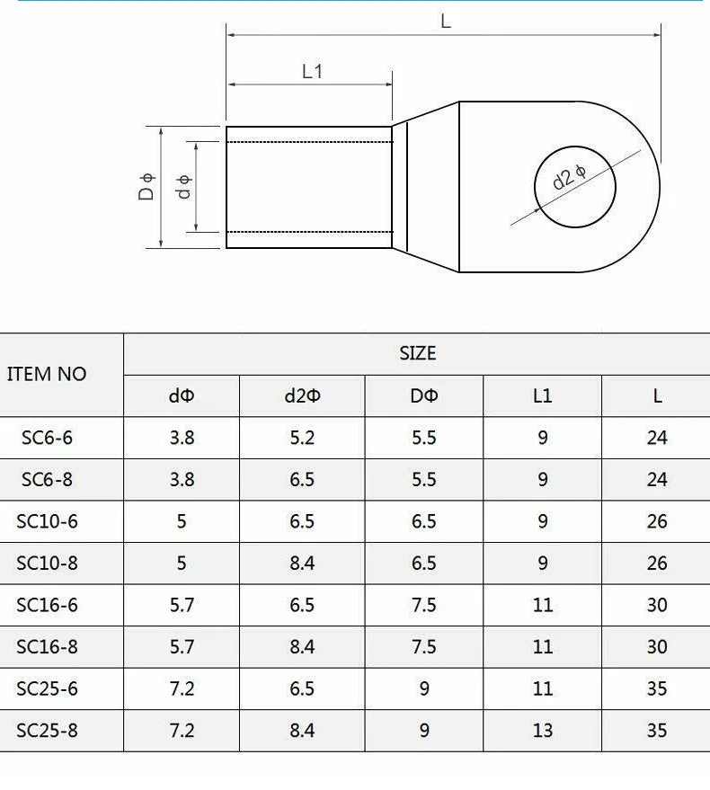 100pcs Copper Lug Ring Wire Connectors Cable Electric Crimp Terminal SC6-6 SC6-8 SC10-6 SC10-8 SC16-6 SC16-10 SC25-6 SC25-12
