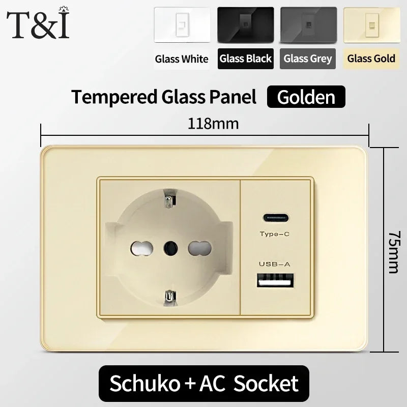 118-Style EU/CL Dual Socket with USB-C PD 20W - Tempered Glass Italy & Chile Outlet for Home/Office
