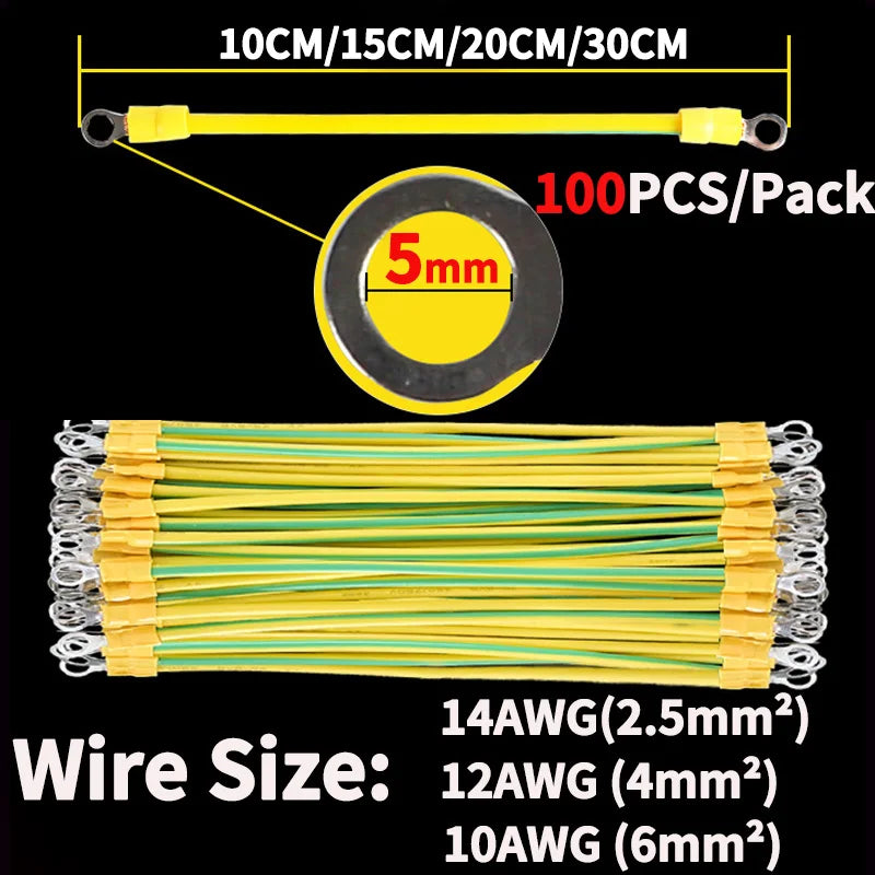 100 PCS Solar Photovoltaic PV Panel Earth Cable BVR 10/12/14 AWG Red Copper Yellow Green Grounding Wire With O Ring Terminal
