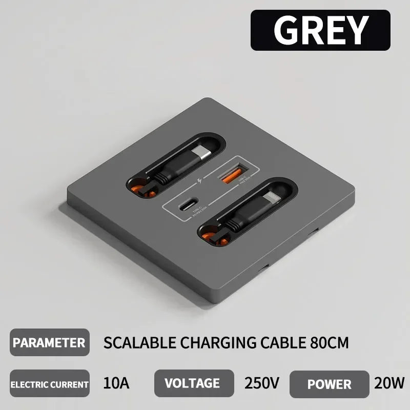 86-Type Wall Socket Panel with 20W USB-C PD & USB-A Ports | 80CM Retractable Cable for iPhone/Android Fast Charging