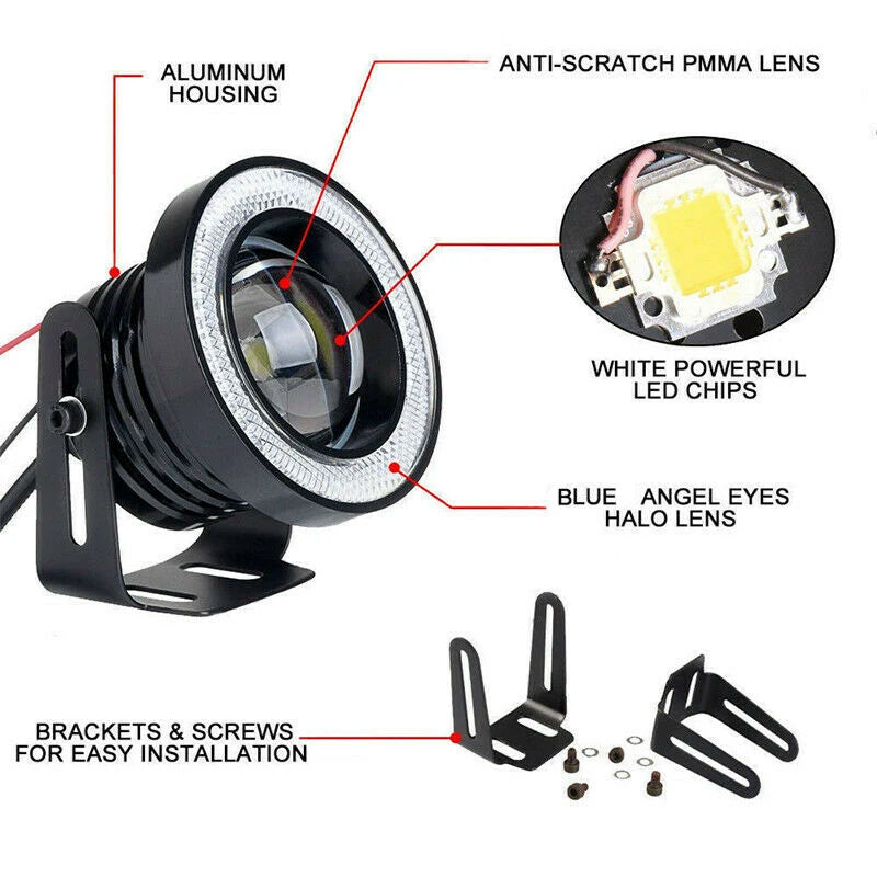 Hot 1Pcs 2.5'' 15W Car White COB LED Projector Angel Eyes Blue Ring DRL Fog Light Lamp