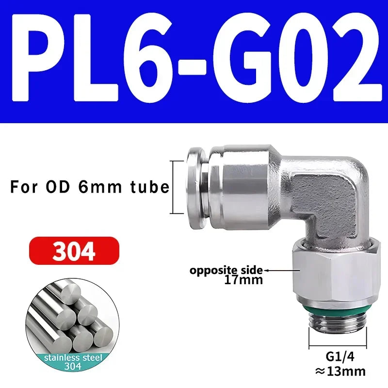 10/50/200PCS PL-G 304 Stainless Steel Trachea Quick Coupling Joint 1/8" 1/4" 3/8" 1/2" External G Thread Elbow Pneumatic Fitting