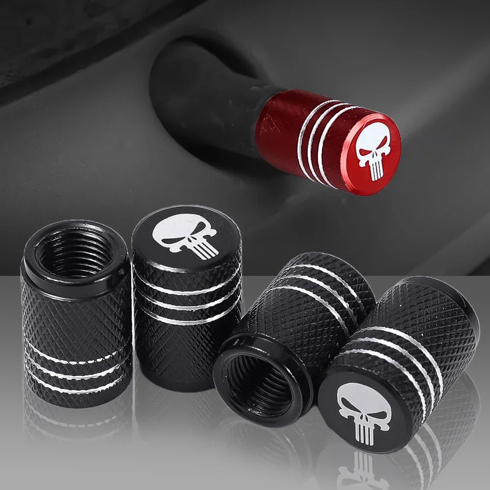 4pcs/pack Creative Skull Head Logo Car Tire Valve Caps - Aluminum Alloy Valve Core Cover with Sealant Pad Accessories Tools New