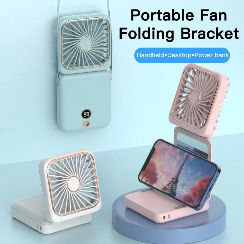 Foldable Mini Fan Portable Desk Fan with Phone Stand USB Rechargeable Handheld Fan for Outdoor Travel Camping Hanging Neck Amagi