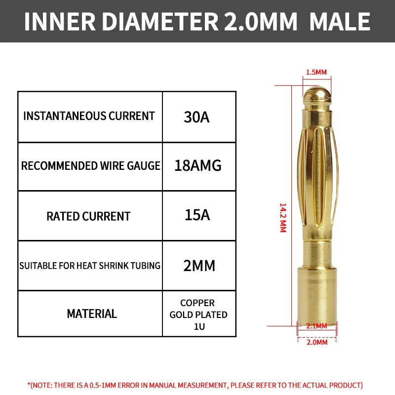 40Pcs Gold-Plated Bullet Banana Connectors, 2–8mm Pure Copper Plug Set for RC Brushless Motor & ESC Wiring