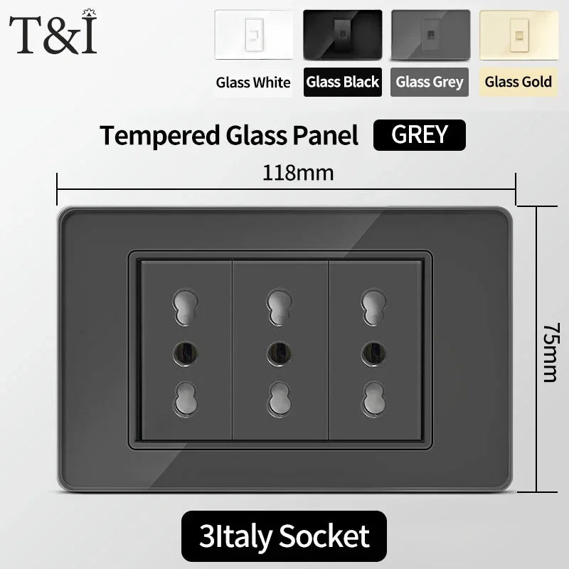 T&I Wall Switch Sockets with USB-C Fast Charging - Italy Socket, Chile Schuko Outlet & Tempered Glass Panel for Home Use