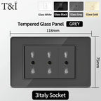 T&I Wall Switch Sockets with USB-C Fast Charging - Italy Socket, Chile Schuko Outlet & Tempered Glass Panel for Home Use