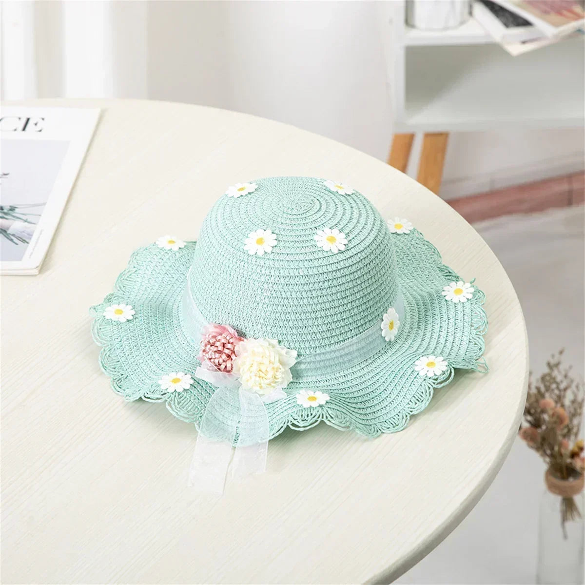 Girls' Straw Hat Bag Matching Travel Sun Hat Flower Children's Sun Hat Outdoor Fashion Fisherman Hat Sunscreen Hat Amagi