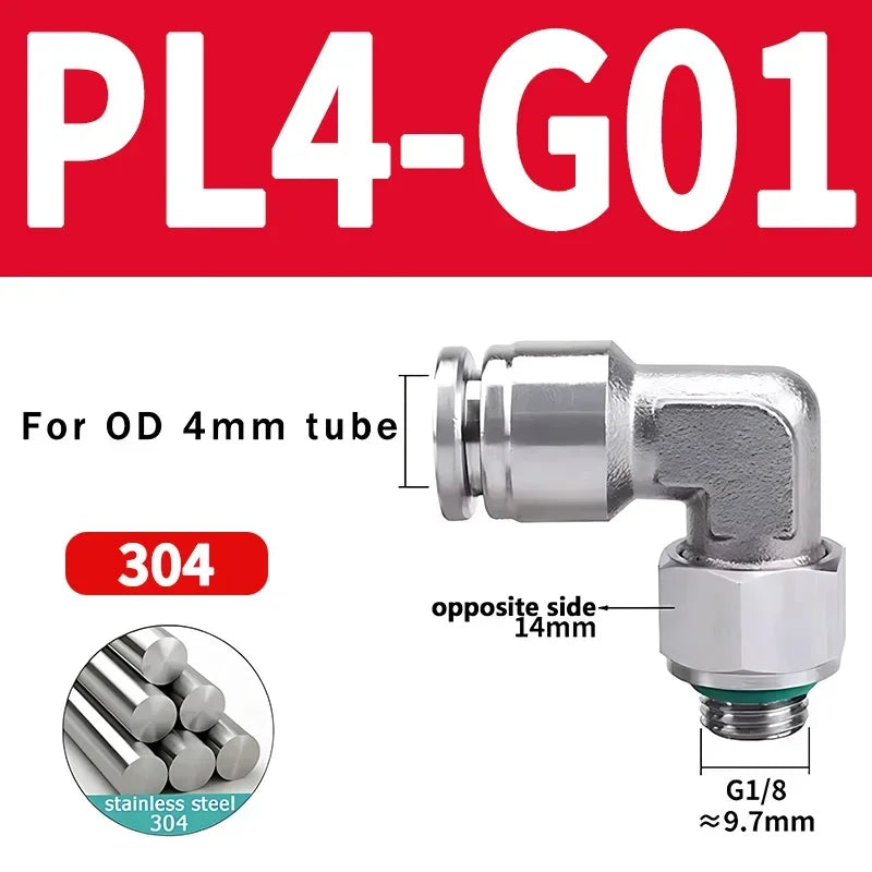 10/50/200PCS PL-G 304 Stainless Steel Trachea Quick Coupling Joint 1/8" 1/4" 3/8" 1/2" External G Thread Elbow Pneumatic Fitting